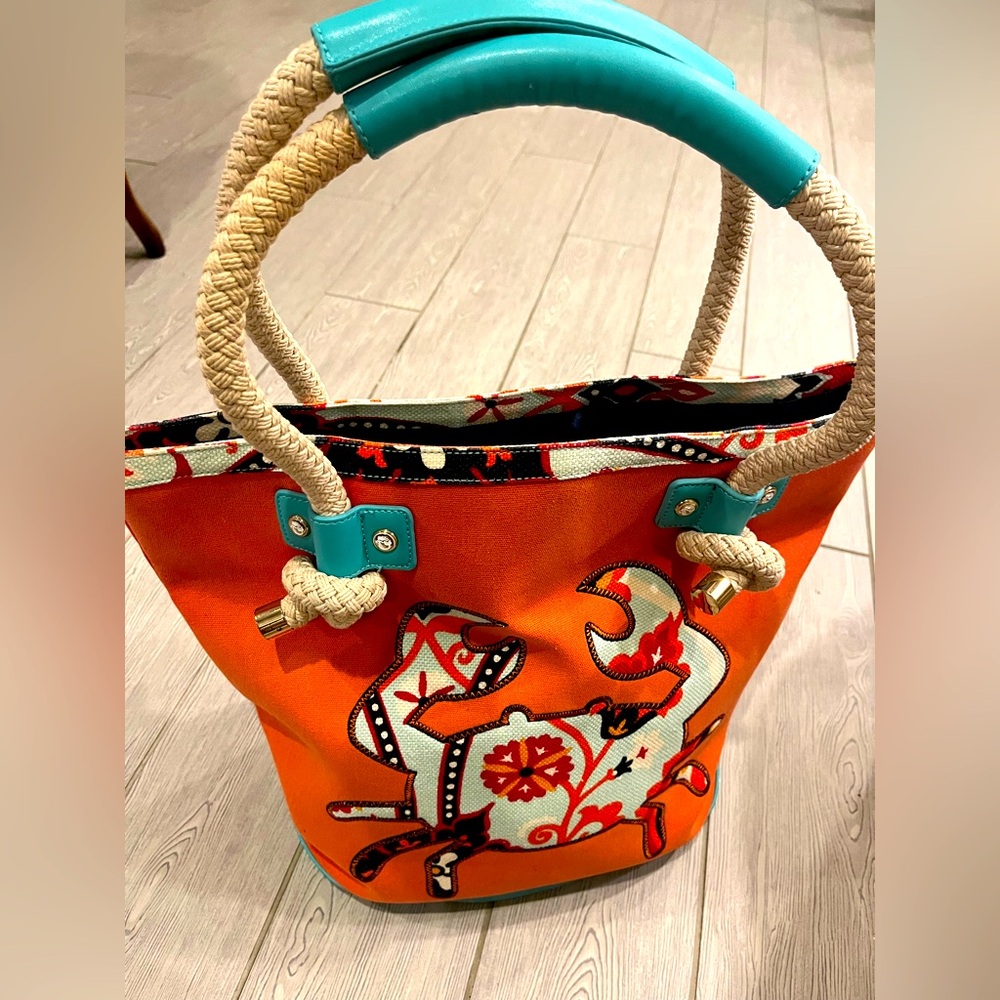 Spartina449 Orange Canvas Crab Beach Tote Nautical Rope Handles